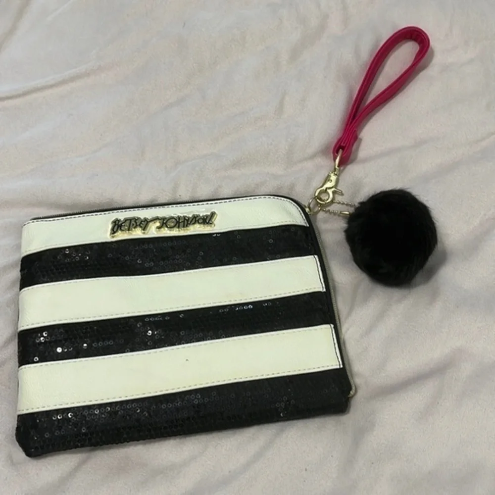 Betsy Johnson black and white striped sequined purse pink strap NWOT